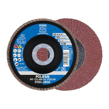 Pferd 5" x 7/8" A.H. POLIFAN Flap Disc - A SG STEELOX, Aluminum oxide, 80 Grit, Flat 62162